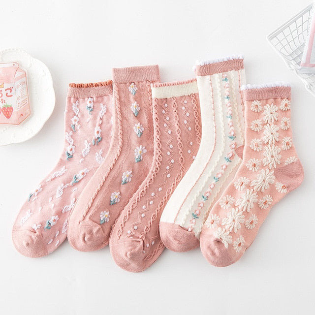 5 Pairs Vintage Flower Embroidery Socks