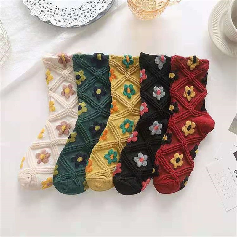 5 Pairs Vintage Flower Embroidery Socks